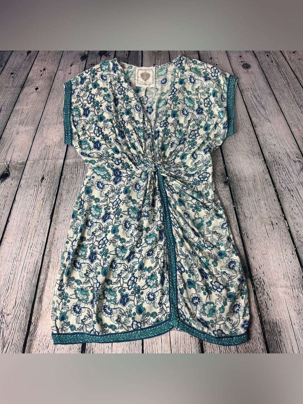 Z&L White Blue Floral Boho Bohemian Knot Scrunched Waist Mini Dress Size Medium